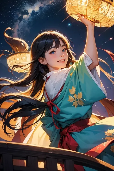 anime style, super fine illustration, highly detailed, dynamic angle, beautiful detailed, 8k, On a summer night, at the observatory at the top of the mountain, BREAK A the Japanese clothing young girl with a smile., transfixed by the beautiful night view o...