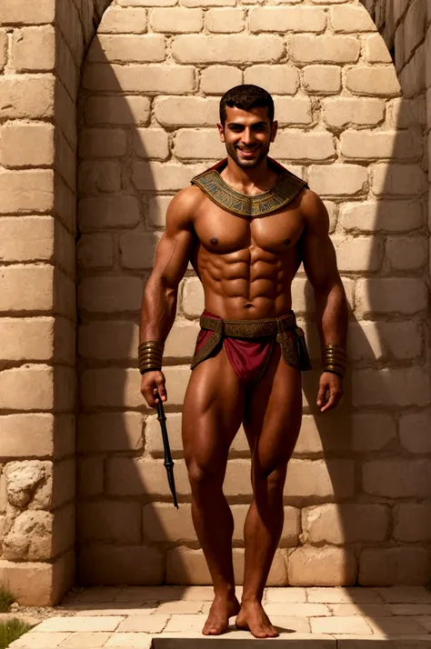 (Masterpiece, Hyperrealistic, 8k, HDR, RAW), ((Natural illumination)), sunset illumination, warm illumination, ((Standing)), (((Outside the walls of a Persian Citadel))), ((handsome man)), egyptian boy, bad boy, ((Tanned skin)), 2, ((Muscular abs)), ((Anci...