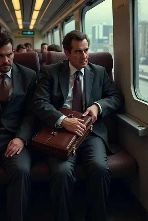 man with a briefcase on the train sitting next to another man