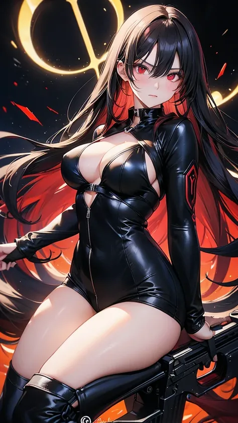 4K resolution,((Highest quality)),Ultra-high resolution,Adult women, alone, sexy, (Stern face), (Red eyes), Beautiful and symmetrical face, (Black irregular long hair), Black coat,Black suit pants,A mercenary woman,Realistic:1.4,Realistic:1.4,night,(master...