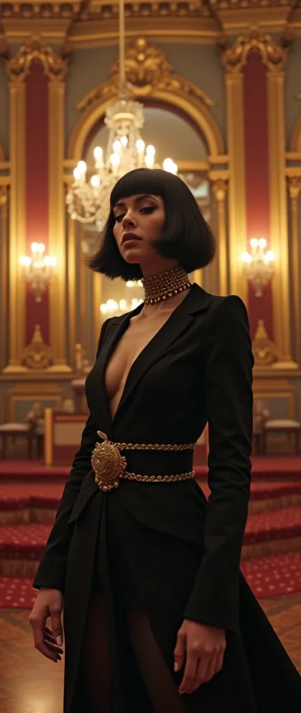 baroque hall where the self pompous rapper with baroque bob hairstyle in her chambers elegantly rapping spittin bars on her baroque style formally decorated in English heritage style rap style