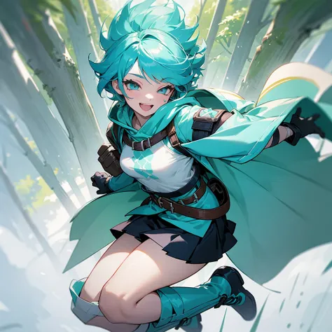 woman, female, delightful, Azure hair, short hair, curly, medium hair, aqua hair, aqua eyes, pale skin, glamorous, hoodie, mini skirt, long boots, belt, waist bag, with a scar, with a bandage, gloves, hood, fantasy, Solo, laughing, happy, wink, outside, in...