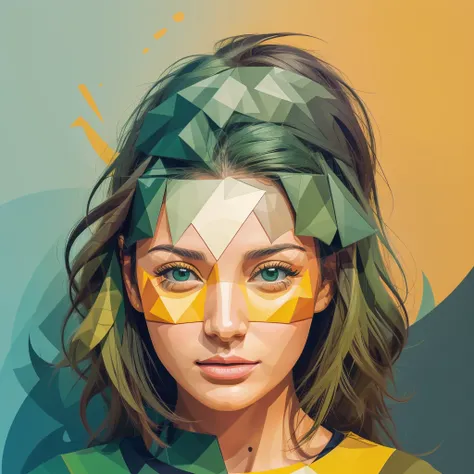 Abstract summer, minimal, vector, a combination of natural and geometric, two-dimensional, more than using the color code 9ea856 tones and mustard palette, Dark Medium Gray green, the face of a girl over 20 years old, the girl does not look in front, the f...