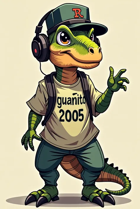 A dino with a normal military-colored cap, gamer headset headphones, and an t-shirt with the letters: Guañito 2005