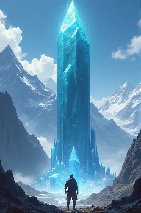 An adventurer guy is facing a colossal crystal the size of 3 skyscrapers in a mountainous area with cosmic aura