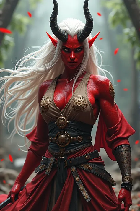 Red skinned female Oni, long white hair, beautiful, fierce and intimidating, realistic, tall, tunic