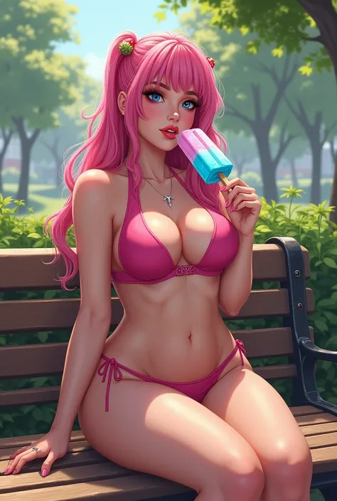 Big breasted gyaru eating a popsicle, sitting on a bench