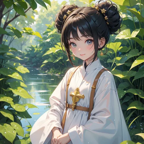 A chibi child girl had a small face and wearing a white little tourist priest’s outfit, a pair of big round eyes shone with curiosity about him. This child was so cute, her hair is black with buns on her hair. Small chibi , chibi baby, smiling , chibi. 

B...