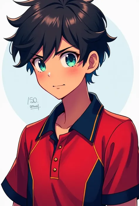 An anime gamer man, his name is JoshuaPO, his polo shirt is red and black