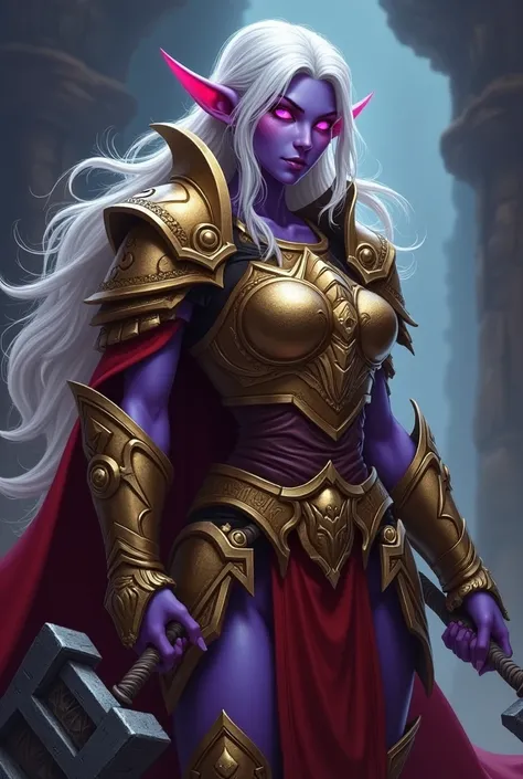 World of Warcraft Game Theme Image of a 32 year old white haired elf standing holding her favorite War Hammer,dark purple Skin,blood elf Paladin Wow, Long elf ears, glowing purple eyes, golden armor, Golden Pauldrons, Golden skull Pauldron, Gold and Red Ch...