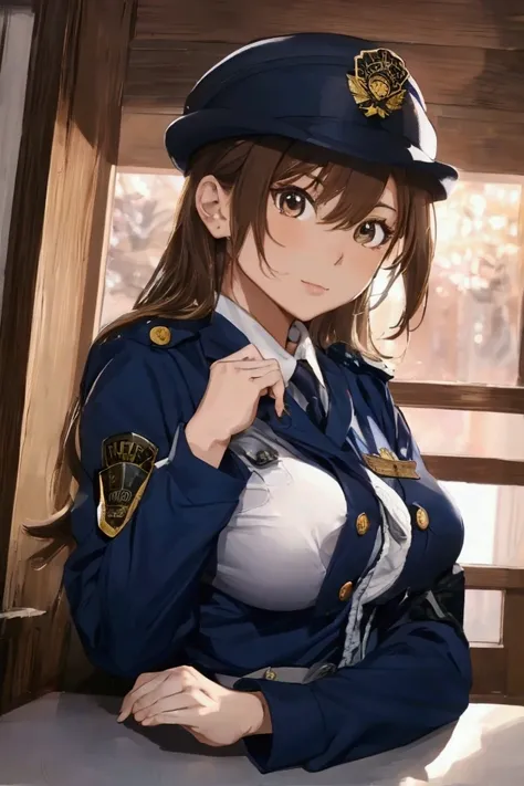 (ultra highres、ultra quality、Masterpiece、8k、),A girl with light  hair drawn in high resolution policewoman.japannse police woman、Young and cute 、Asian woman,s hot, Japanese Model, Cute Core,  , Chubby 、(big breast)、Town、White blouse