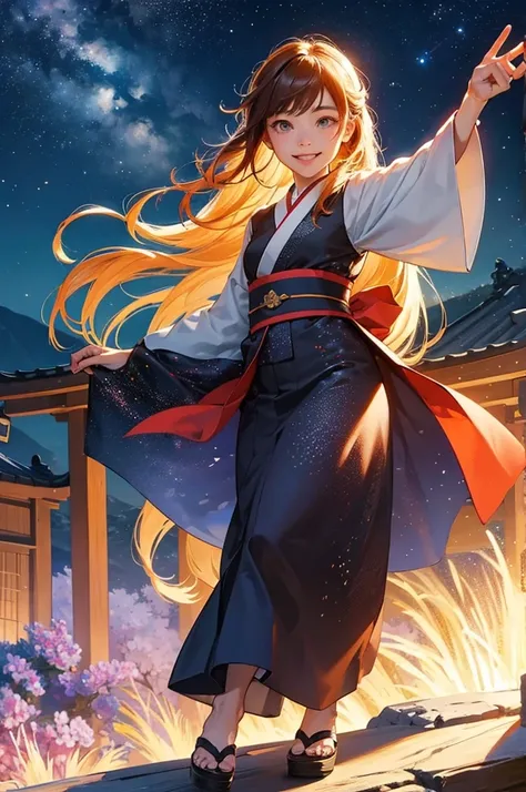 anime style, super fine illustration, highly detailed, dynamic angle, beautiful detailed, 8k, On a summer night, at the observatory at the top of the mountain, BREAK A the Japanese clothing young girl with a smile., transfixed by the beautiful night view o...