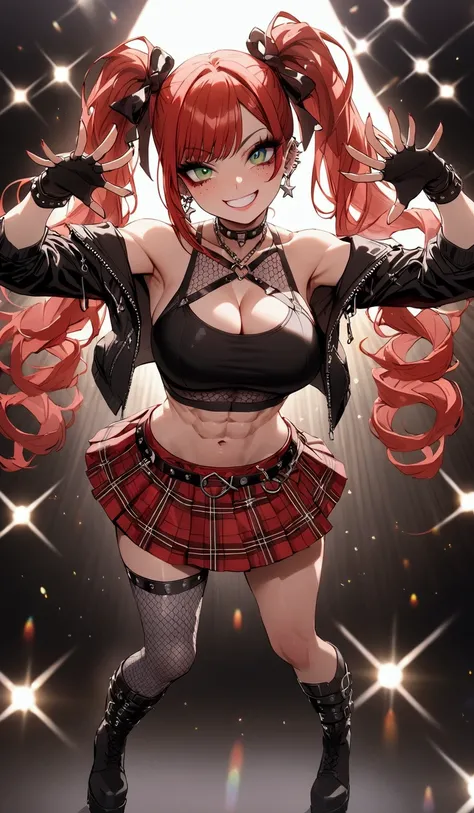 woman, grin, curly red hair in pig tails with ribbons, green eyes, black eyeshadow, wearing crop top black shirt, black jacket, red plaid skirt, black knee high boots, black fingerless gloves, exposed shoulders, large breasts, freckles, abs, cleavage, look...