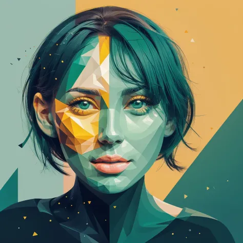 Abstract summer, minimal, vector, mix of natural and geometric, 2D, mostly using color code dark green and mustard palette, dark gray green, dark green mustard pastel color, using very little dark green warm colors with tonal combination With green and mus...