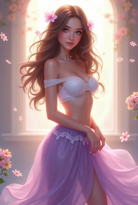 Beautiful Girl，sweet，whole body，High heel，Off-shoulder，Purple skirt，Lace，Flowers