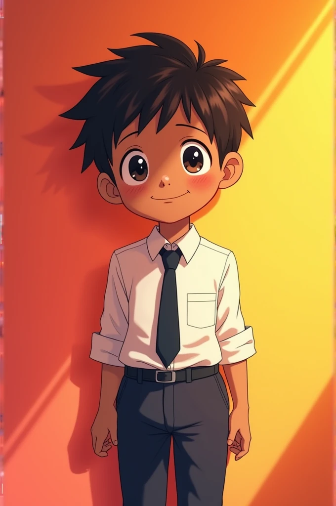 Happy shy anime boy ,dark skin colour, wearing formal shirt and pants and tie, background colour was Red and yellow mixed.