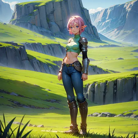 solo character, full body version, old girl, medium breast, (elf), blue eyes, pink color hair, short hair, black crop top, bare ...