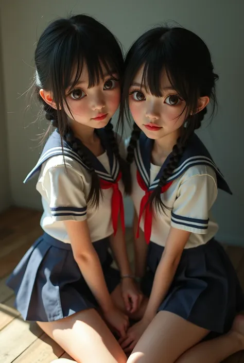  (((short-torsoed Japanese girls tied up by chain,arms up))), natural front lighting, ultra sharp focus, braided twin hair, large eyes with long eyelashes and double eyelids, dynamic angle,red lip,smile, (huge breasts), (full body shot:2),  (slender waist)...