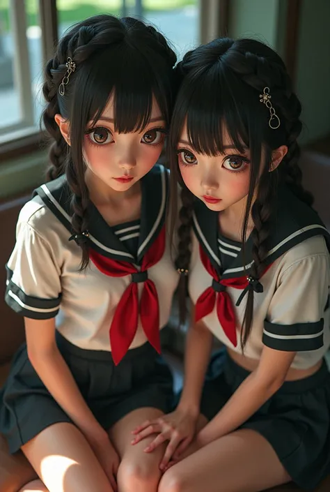  (((short-torsoed Japanese girls tied up by chain,arms up))), natural front lighting, ultra sharp focus, braided twin hair, large eyes with long eyelashes and double eyelids, dynamic angle,red lip,smile, (huge breasts), (full body shot:2),  (slender waist)...