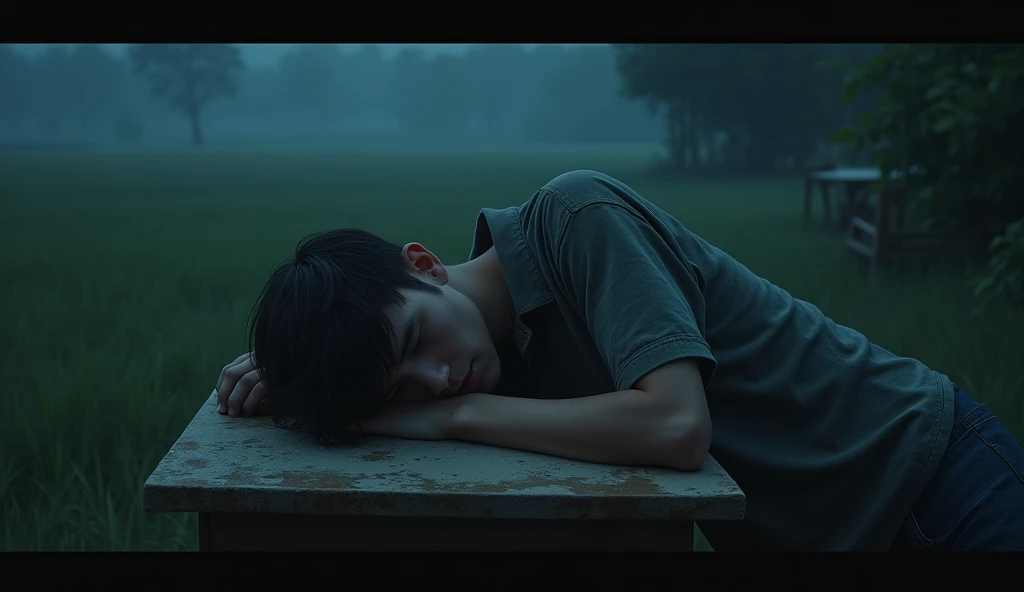 (Masterpiece:1.2,Highest quality,Ultra high resolution,very detailed,realistic,Ultra high resolution,8ก,Wallpaper,(Take photos in the room),(The image shows a detailed picture of a young man lying on a table while exhausted.),nighttime,Thailand,The quiet a...