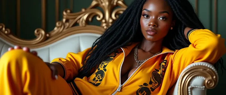 a Jamaican Caribbean woman with dreadlocks,wearing a tracksuit with black culture motifs,reclining on a baroque sofa with a deadpan expression and swagger posture,(best quality,4k,8k,highres,masterpiece:1.2),ultra-detailed,(realistic,photorealistic,photo-r...