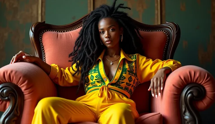 a Jamaican Caribbean woman with dreadlocks,wearing a tracksuit with black culture motifs,reclining on a baroque sofa with a deadpan expression and swagger posture,(best quality,4k,8k,highres,masterpiece:1.2),ultra-detailed,(realistic,photorealistic,photo-r...