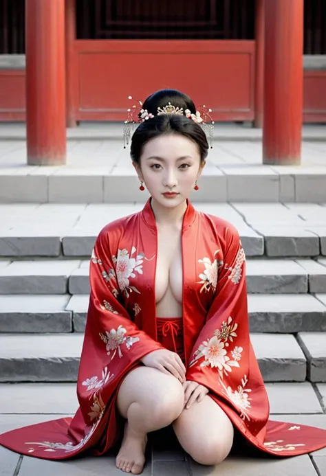 Female emperors of the Qing Dynasty, A naked woman wearing a red floral patterned Hanfu jacket, crouching with her legs open, seen from the front, Outside the Qing Dynasty Palace