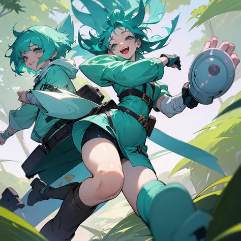 woman, female, Azure hair, short hair, curly, medium hair, aqua hair, aqua eyes, pale skin, glamorous, hoodie, mini skirt, long boots, belt, waist bag, with a scar, with a bandage, gloves, hood, fantasy, Solo, laughing, happy, wink, outside, in the forest