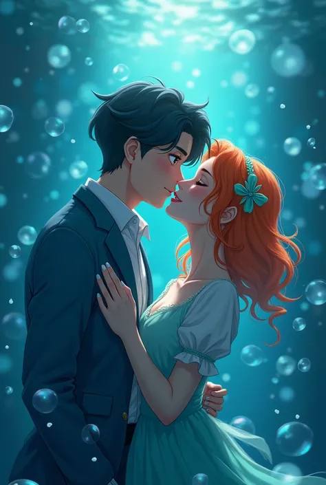 Wallpaper,masterpiece,High resolution,8K, anime 
( ash_pokemon; black hair, brown eyes)(Misty_Pokemon)(1 18-year-old girl)
(Orange Hair,one side up hair, close eyes,Small breasts,Skinny, beautiful smile) cute girl, siren, kiss couple, kiss underwater,love
...