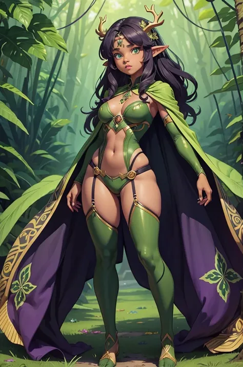 Jungle like environment. A full body-shot of a young African-American Woman with a deep rich brown skin. She short has leaf green curly hair & is wearing a form-fitting bodysuit with a deep neckline, exposing much of her chest area & slightly revealing myt...