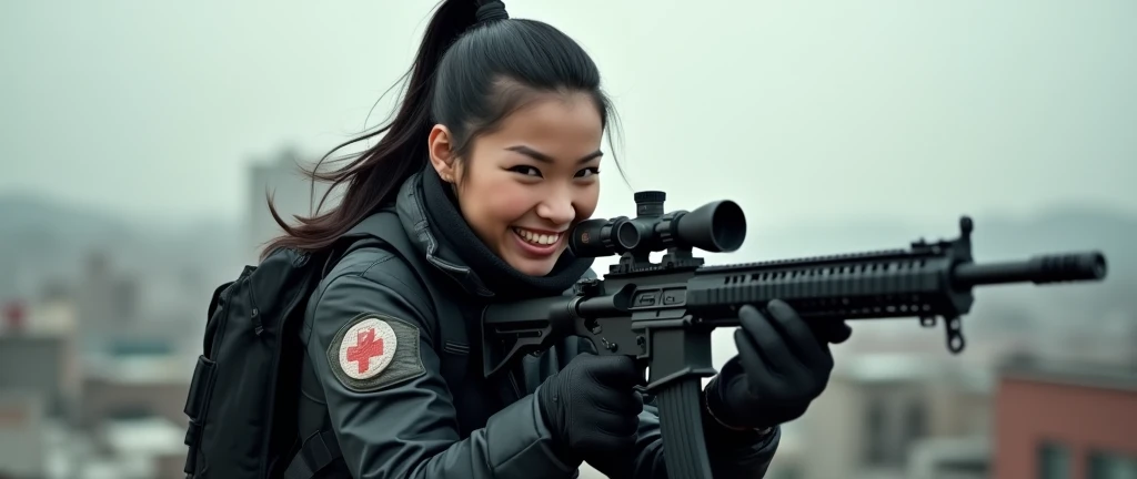 so much swagger trained marine corp militant asian female smug grin sneer. with an attitue vengance she adorn with pony tail hairstyle adorn hip hop rap style in kevlar black military attire armour sniper rifle on rooftop standing absolute disrespect mocki...