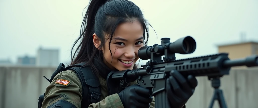 so much swagger trained marine corp militant asian female smug grin sneer. with an attitue vengance she adorn with pony tail hairstyle adorn hip hop rap style in kevlar black military attire armour sniper rifle on rooftop standing absolute disrespect mocki...