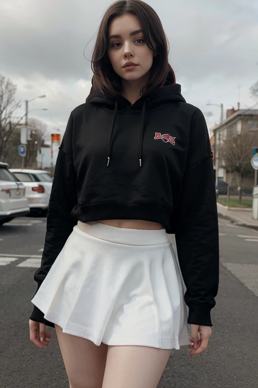 Female, wearing black thighe highs with a bit of white at the top, wearing a skirt, wearing a red and black hoodie, she has pale skin, thick thighs,