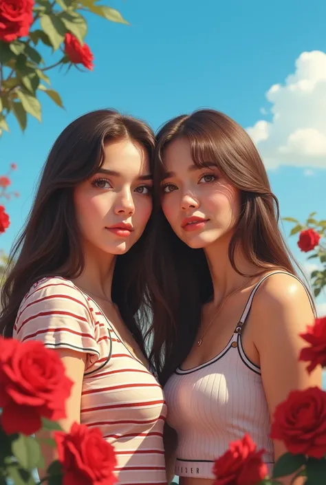 Teenagers and teenage girls，Two people，Wearing a striped top，blue sky，Red roses，Reality，Realistic Photography