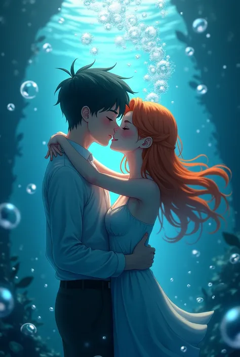 Wallpaper,masterpiece,High resolution,8K, anime 
( ash_pokemon; black hair, brown eyes)(Misty_Pokemon)(1 18-year-old girl)
(Orange Hair,one side up hair, close eyes,Small breasts,Skinny, beautiful smile) cute girl, siren, kiss couple, kiss underwater,love
...