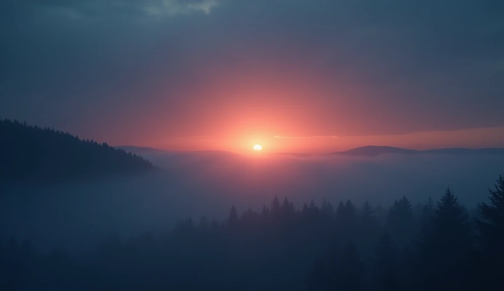 A highly realistic, high-contrast, 8K HD, detailed, hyper-detailed image of the sky at dawn, with a focus on the subtle beauty of the rising sun shrouded in mist. The scene is darker, with the night slowly giving way to day, casting only the faintest light...