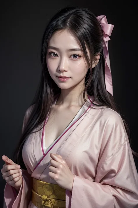 masterpiece, (Realistic:1.5), Realistic eyes, Asian woman, Highest quality, Beautiful lighting, Professional Lighting, Photon Mapping, Radio City, Physically Based Rendering,, kamado nezuko, One person, Black Hair, amount, hair ribbon, kimono, Open, kimono...