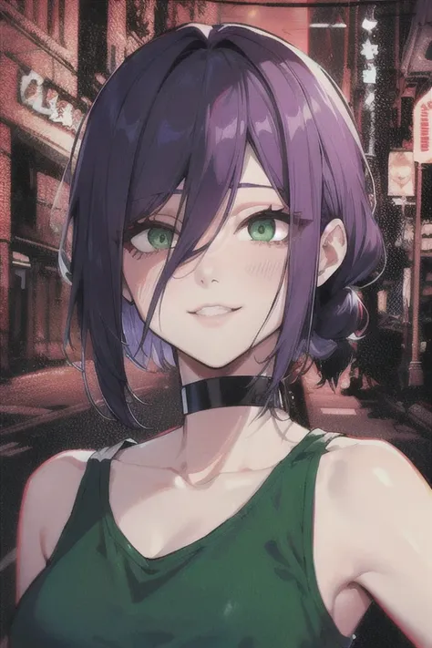 (Highest quality)、(Highest quality)、cut、Chainsaw Man、cute、(choker).eyes are emerald、Her hair is purple、Short Bob、Beautiful night park、whole body、detailed、強力なdetailed、cut、(A kind smile).Reze、