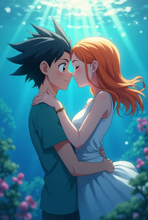 Wallpaper,masterpiece,High resolution,8K, anime 
( ash_pokemon; black hair, brown eyes)(Misty_Pokemon)(1 18-year-old girl)
(Orange Hair,one side up hair, close eyes,Small breasts,Skinny, beautiful smile) cute girl, siren, kiss couple, kiss underwater,love