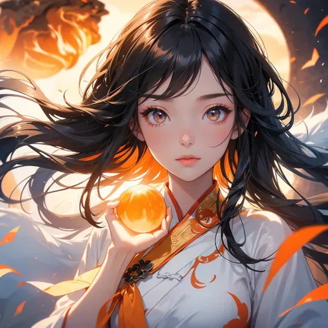 A beautiful girl with black long hair, wear white ancient chinese clothes, There are some floating clouds, with the sun shining on her face, close up.

Background is a volcano, lava erupting orange