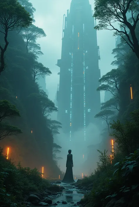 A cyberpunk extra terrestrial rain forest with extraterrestrial alien architecture  with aliens in the forest mist smog and fog with digital uv glowing lightings twilight    