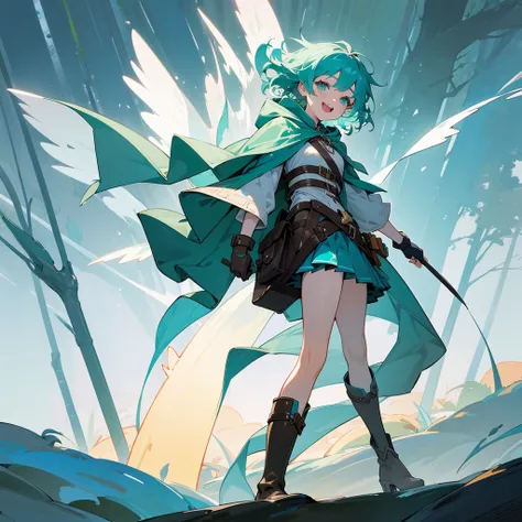 woman, female, Azure hair, short hair, curly, medium hair, aqua hair, aqua eyes, pale skin, glamorous, hood, cloak, mini skirt, long boots, belt, waist bag, with a scar, gloves, hood, fantasy, Solo, laughing, happy, wink, outside, in the forest