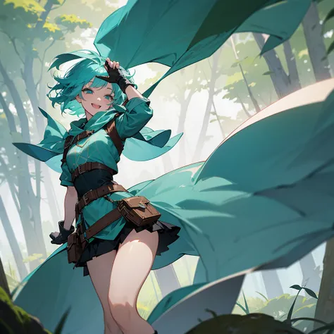 woman, female, Azure hair, short hair, curly, medium hair, aqua hair, aqua eyes, pale skin, glamorous, hood, cloak, mini skirt, long boots, belt, waist bag, with a scar, gloves, hood, fantasy, Solo, laughing, happy, wink, outside, in the forest