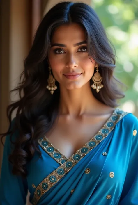 Kiara Advani wearing blue saree, potrait