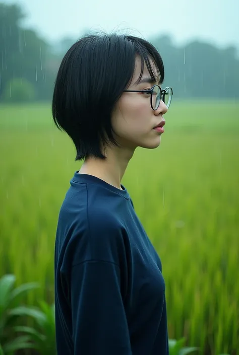 (Realistic) Realistic image (Asian woman), (Slim figure), (short hair), (White skin), (Dark Eyes), Wearing a navy blue long sleeve T-shirt, walking in heavy rain (Serious face), (Wear glasses), capture (Kodak color film style), Featured (Rough texture), Pi...