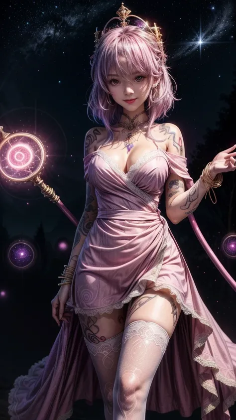 A beautiful mid 20s woman with a slender anime build, light lavender hair in a loose cascade, (pink inner thigh tattoos:1.42), standing in a contrapposto stance with a light smile, wearing a purple wrap dress, front of skirt is hiked up, white lace stockin...