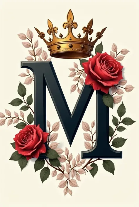 capital typografi font written "NM" bold,artistic,with a rose flower beside it,with a crown on top of it,,