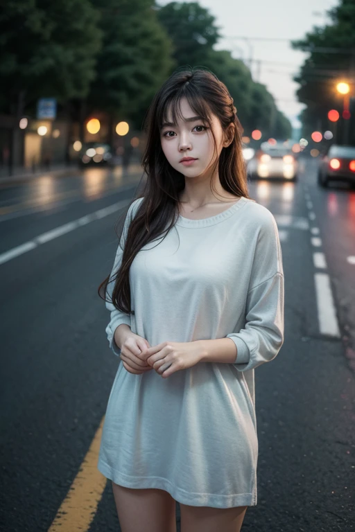 A young woman standing on the road, Blur the background, beautiful, Realistic