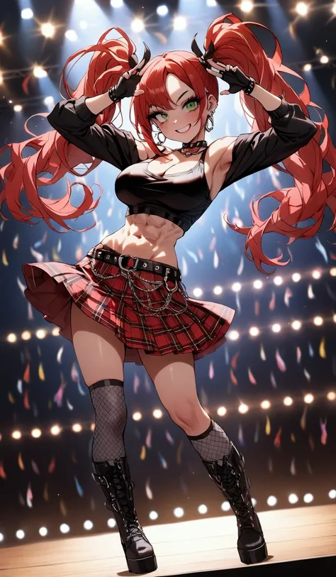 woman, grin, curly red hair in pig tails with ribbons, green eyes, black eyeshadow, wearing crop top black shirt, black jacket, red plaid skirt, black knee high boots, black fingerless gloves, exposed shoulders, large breasts, freckles, abs, cleavage, look...