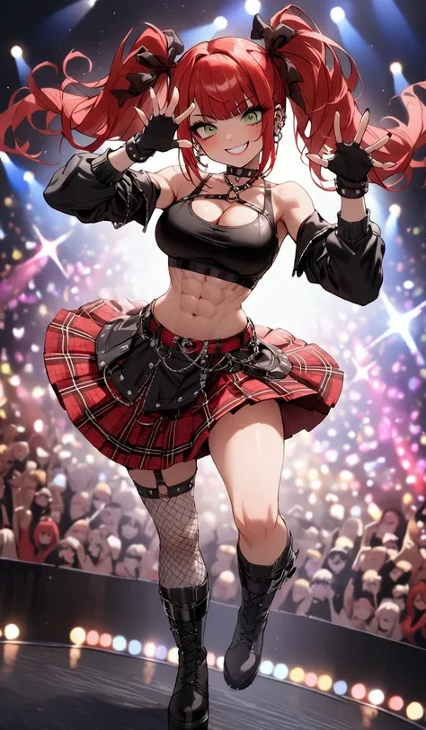 woman, grin, curly red hair in pig tails with ribbons, green eyes, black eyeshadow, wearing crop top black shirt, black jacket, red plaid skirt, black knee high boots, black fingerless gloves, exposed shoulders, large breasts, freckles, abs, cleavage, look...